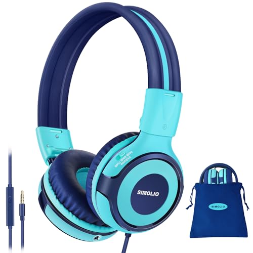 SIMOLIO Manyshare Series- Kids Wired Headphones for School with Mic, 75/85/94dB Volume Limit, Share Port for Tablet iPad Laptop PC, Durable Foldable Boy Headset w/Carry Bag for Travel Airplane Gaming - color: Bright Mint
