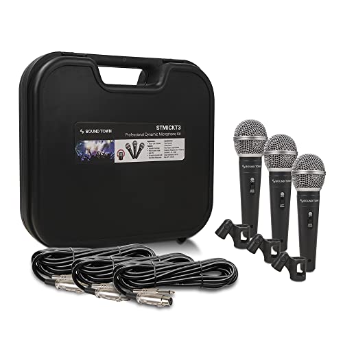 Sound Town 3-piece Professional Handheld Dynamic Microphone Kit with Carry Case, Mic Clips, 26ft XLR to 1/4" Audio Cables (STMICKT3)
