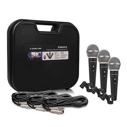 Sound Town 3-piece Professional Handheld Dynamic Microphone Kit with Carry Case, Mic Clips, 26ft XLR to 1/4" Audio Cables (STMICKT3)