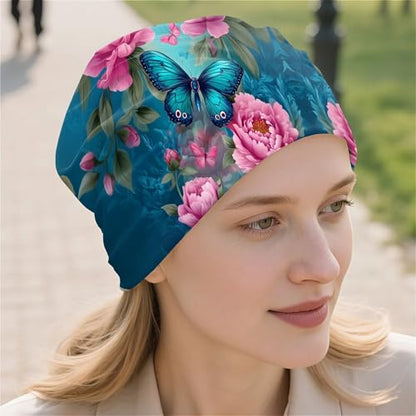Art Owl Women's Slouchy Beanie Hat Cute Turban Hats Cancer Headwear Caps Baggy Skull Sleep Scarf - color: Pink Flower Butterfly