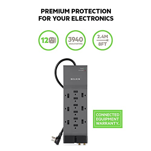 Belkin Power Strip Surge Protector - 12 AC Multiple Outlets & 8 ft Long Flat Plug Heavy Duty Extension Cord for Home, Office, Travel, Computer, Laptop & Phone Charging Brick (3,940 Joules), Pack of 3 - style: w/ Coaxial Phone Protection - 3 Pack