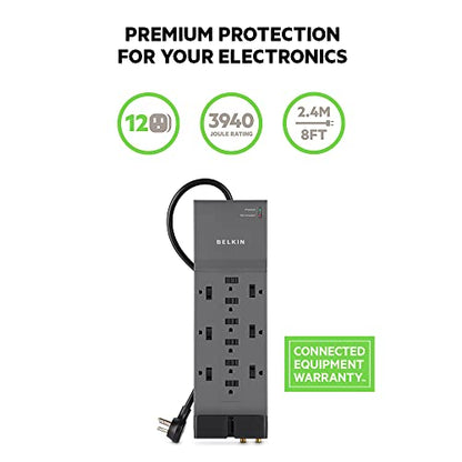 Belkin Power Strip Surge Protector - 12 AC Multiple Outlets & 8 ft Long Flat Plug Heavy Duty Extension Cord for Home, Office, Travel, Computer, Laptop & Phone Charging Brick (3,940 Joules), Pack of 3 - style: w/ Coaxial Phone Protection - 3 Pack