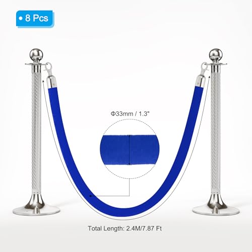PATIKIL 8 Pack Blue Velvet Stanchion Rope, 8 Ft Crowd Control Ropes Barrier Hanging Rope with Stainless Steel Silver Plated Hooks for Carpet Events Movie Theaters Opening Activities - color: Blue/Silver Plated, size: 8 Feet