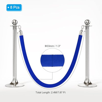 PATIKIL 8 Pack Blue Velvet Stanchion Rope, 8 Ft Crowd Control Ropes Barrier Hanging Rope with Stainless Steel Silver Plated Hooks for Carpet Events Movie Theaters Opening Activities - color: Blue/Silver Plated, size: 8 Feet