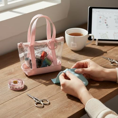 Everything Mary Travel Sewing Kit Organizer – Pink & Clear Mini Sewing Supplies Case for Adults & Kids – Compact Sewing Box with Clear PVC Body for On-the-Go Repairs