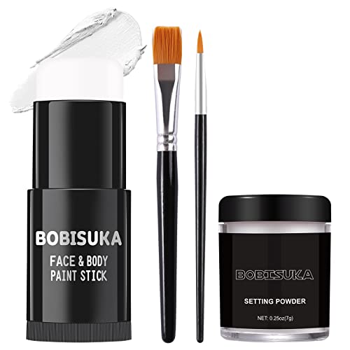 BOBISUKA White Face Paint Stick + Setting Powder+ 2 Paintbrushes Set, Clown Makeup Body Paint Eye Black Sticks for Sports, White Painting Kit for Halloween Skeleton Skull Special Effects SFX - color: White with Setting Powder & Brushes