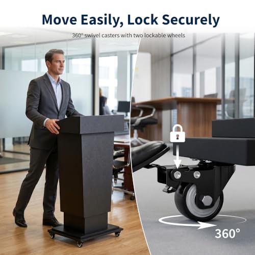 MOOFI Height Adjustable Wooden Podium Lectern with Wheels, Mobile Rolling Presentation Stand with Storage Shelves, Teacher Podium for Classroom, Church, Office and Conference Room (Black) - color: Black