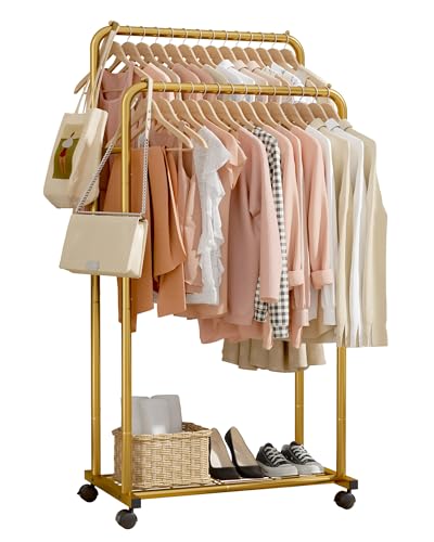 Sakugi Clothes Rack - Clothing Rack with Storage Mesh Shelf & Casters, Heavy-Duty Metal Clothing Rack for Hanging Clothes, Dresses, Coats, Large Load Capacity, Easy Assembly, Gold, 28.0"x16.0"x59.0" - color: Gold, size: 28.0" x 16.0" x 59.0" (2 Rods)