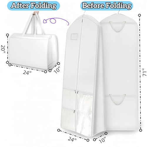 71" Long Wedding Dress Garment Bag with 10" Gusset, Bridal Gown Storage Cover with 4 Pockets, Foldable with 2 Handles, Dress Bag for Women Gowns,Prom,Ballgowns (A-White) - color: A-White