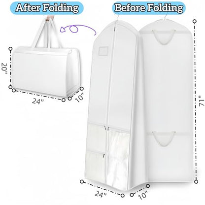 71" Long Wedding Dress Garment Bag with 10" Gusset, Bridal Gown Storage Cover with 4 Pockets, Foldable with 2 Handles, Dress Bag for Women Gowns,Prom,Ballgowns (A-White) - color: A-White