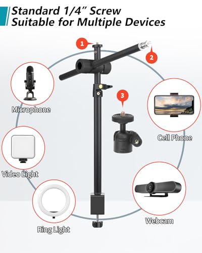 Overhead Camera Mount Desk Stand, Camera Arm Desk Mount Clamp Stand with 360°Adjustable Magic Arm, Webcam Arm Mount Stand w Ballhead Phone Mount for Desk Logitech Microphone Video Light Cell Phone - size: 1DFPGBL