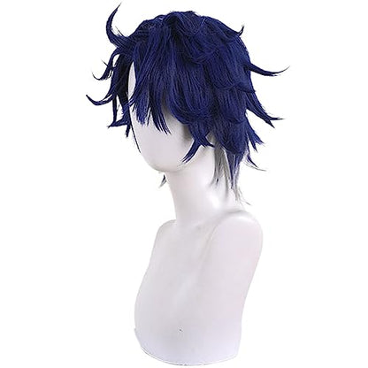 Anime Blue Grey Gradient Wigs Men Short Straight Wig with Side-Part Bangs Layered Haircut Game Salesman Cosplay Wigs Halloween,Christmas,Comic con,Game Show,Party - color: Deep Blue