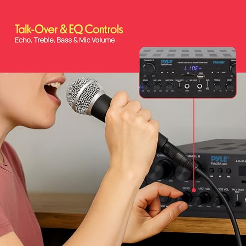Pyle 4-Channel Audio Amplifier with Bluetooth - Home Stereo Receiver w/ 500W Max Power - Commercial or Karaoke - Dual Mic Input with Echo, Vol, Talk-Over - AUX In - Sub Out - USB-A MP3 Player, AM/FM