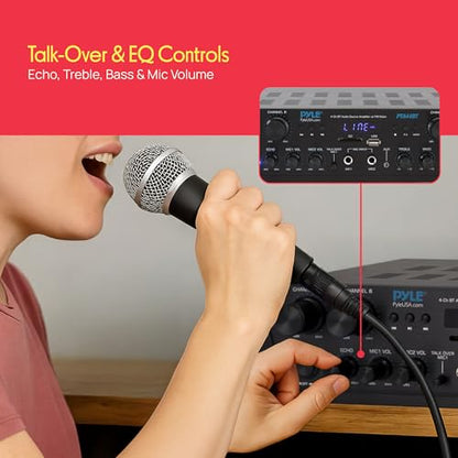Pyle 4-Channel Audio Amplifier with Bluetooth - Home Stereo Receiver w/ 500W Max Power - Commercial or Karaoke - Dual Mic Input with Echo, Vol, Talk-Over - AUX In - Sub Out - USB-A MP3 Player, AM/FM