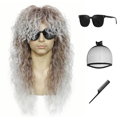 Rock Wig for 80s Costume Men and Women Curly Wavy Rocker Wig with Bangs Hippie Party Funny Wig for Halloween Themed Party Retro Concerts Costume Parties (Brown Gradient White) - color: 3-Brown Gradient White