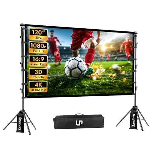 LP Outdoor Projector Screen with Stand, 120 inch Portable Projection Screen 16:9 4K HD Front Rear Projection Screen with Carry Bag, Sandbag - Wrinkle-Free Design for Home Theater Backyard Cinema