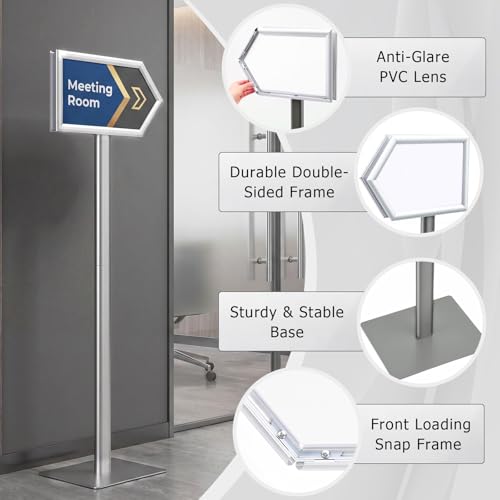 Moxweyeni 55'' Directional Arrow Sign Stand for Conference Room Office, Double Sided Aluminum Snap Frame Floor Sign Holder for 8.5 x 11 or 8.5 x 14 Posters, Wayfinding Signage for Lobby, Event, Hotel