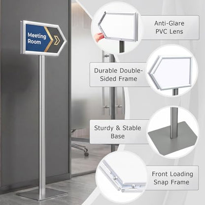 Moxweyeni 55'' Directional Arrow Sign Stand for Conference Room Office, Double Sided Aluminum Snap Frame Floor Sign Holder for 8.5 x 11 or 8.5 x 14 Posters, Wayfinding Signage for Lobby, Event, Hotel