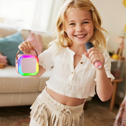 Kinglucky Mini Karaoke Machine for Kids, Top Birthday Gift Pick for Girls Ages 3, 4, 5, 6, 7, 8, 9, 10, 11, 12 Years Old, Kids' Personal Video Players Accessories with 2 Mics Singing Present Toy Pink - color: Pink