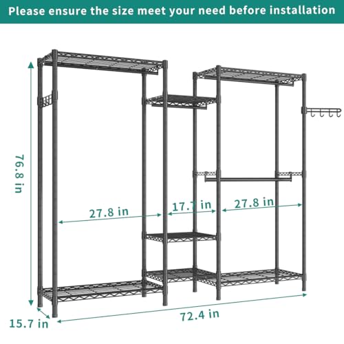Heavy Duty Garment Rack, Portable Wardrobe Clothes Rack | Freestanding Adjustable Clothing Rack with 7 Tiers Adjustable Wire Shelving and 4 Hanger Rods, Max Load 920LBS Black - color: Black, size: B3: 5 Tiers with 4 Rods,72.4"L x 15.7"W x 76.8"H