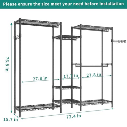 Heavy Duty Garment Rack, Portable Wardrobe Clothes Rack | Freestanding Adjustable Clothing Rack with 7 Tiers Adjustable Wire Shelving and 4 Hanger Rods, Max Load 920LBS Black - color: Black, size: B3: 5 Tiers with 4 Rods,72.4"L x 15.7"W x 76.8"H