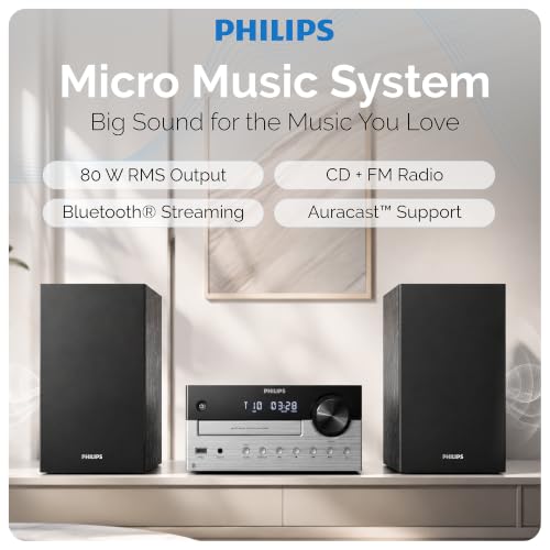 Philips Bluetooth Stereo System for Home with CD Player, Bluetooth 5.4 & Auracast, Upgraded 80W Stereo Sound, MP3, USB, Audio in, FM Radio, Bass Reflex Speaker, Remote Control Included - size: 80W Stereo System
