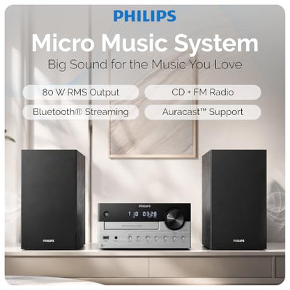Philips Bluetooth Stereo System for Home with CD Player, Bluetooth 5.4 & Auracast, Upgraded 80W Stereo Sound, MP3, USB, Audio in, FM Radio, Bass Reflex Speaker, Remote Control Included - size: 80W Stereo System