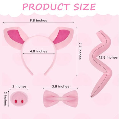 4 Pieces Pig Costume Set Pink Pig Costume Accessories Pig Ears Headband and Tail Nose Bow Tie Pig Animal Cosplay Accessory Set for Halloween Christmas Cosplay Animal Dress Up