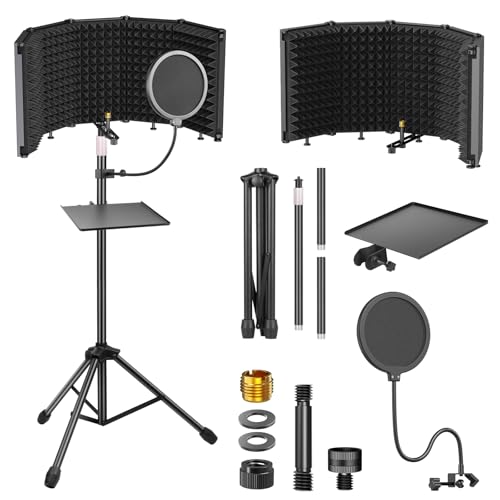 Studio Recording Microphone Isolation Shield with Pop Filter &Tri-Stand Kit and Phone Clip Foldable Triple Layer Sound Proofing,5-Sided Studio Mic Cover for Recording,Podcasting,Streaming,Singing - size: Studio Recording Microphone Isolation Shield-hight
