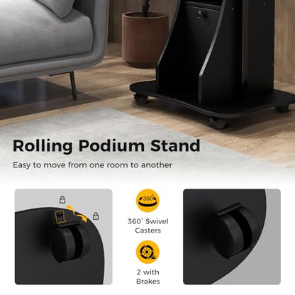 LDAILY Mobile Podium Stand, Height-Adjustable Portable Rolling Laptop Stand with Storage Cabine & Tilting Desktop, Sit to Stand Desk Laptop Cart with Lockable Casters for Office (Black) - color: Black