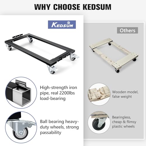 KEDSUM 2000LBS Furniture Dolly Heavy Duty Dolly with Reinforced Steel Frame | 4 Wheels with Brake, All Terrain & Anti-Slip Baffles for Home Moving, Garage, Warehouse, 31 x 17 in, 1 Pack - size: 31 x 17 inch