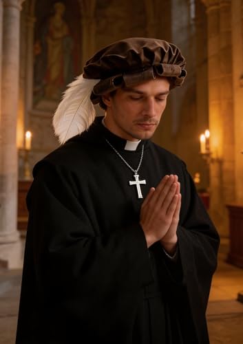 Renaissance Roll Hem Beret for Men Medieval Tudor Slit Hat with Feather Fantasy Costume Accessories - color: Brown