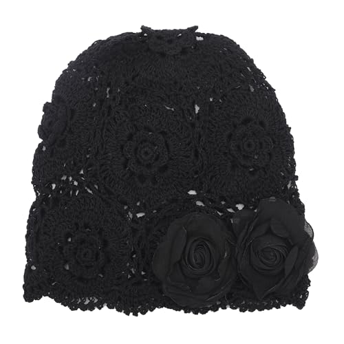 ZLYC Women Cotton Crochet Slouchy Beanie Hat Handmade Knit Summer Skull Cap | Lightweight breathable,boho casual chic look,travel photos festival party,café commute daily wear,beach concert gathering - color: Decorative Flowers Black
