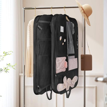 Univivi 40 Inch Dance Costume Garment Bags for Dancers, Black | Breathable Non-Woven Fabric, Clear Zip Pockets, 1 Pendant & 3 Badges, Foldable Hanging Dance Garment Bag for Travel