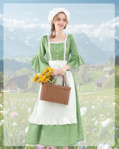 NSPSTT Prairie Dress Women Pioneer Dress Colonial Costume - color: Green Printing, size: Small
