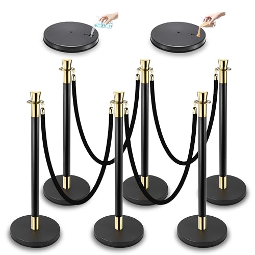 Black Stanchions and Velvet Ropes 6pcs Stainless Steel Posts | 4pcs 5ft Black Velvet Ropes Crowd Control Barriers with Durable Refillable Base for Wedding, Party & Exhibition Events - color: Black-Gold, size: 6 PCS