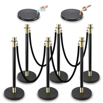Black Stanchions and Velvet Ropes 6pcs Stainless Steel Posts | 4pcs 5ft Black Velvet Ropes Crowd Control Barriers with Durable Refillable Base for Wedding, Party & Exhibition Events - color: Black-Gold, size: 6 PCS