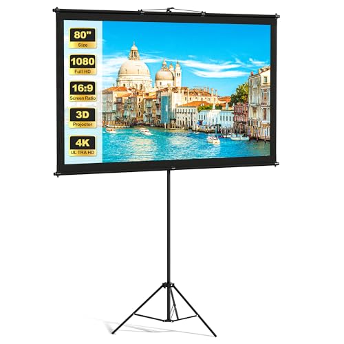 Projector Screen with Tripod Stand, Indoor Movie Screen, 80 in Portable Projection Screen, 16:9, 4K Display Washable Mobile Polyester Fabric Projector Screen for Backyard, Home Theater - size: 80inch