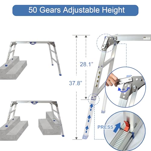 Adjustable Work Platform (47"x20") Ultra-Wide Portable Folding Aluminum Work Platform 330 Lbs Capacity 50 Gear Adjustable Height 27.5 to 37 inches | Portable Folding, 330 Lbs Capacity, 50 Gear Adjustable Height 27.5 to 37 inches - size: Adjustable 20"(W)