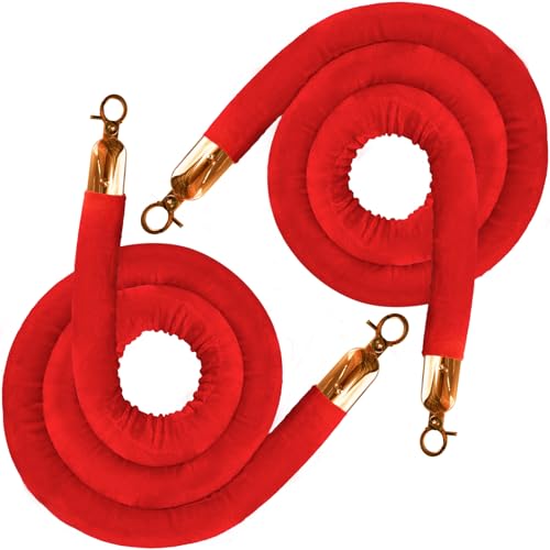 2PCS Red Velvet Stanchion Rope 5 Ft Crowd Control Ropes Barrier with Gold Hooks for Party - color: Red&Gold, size: 2PCS