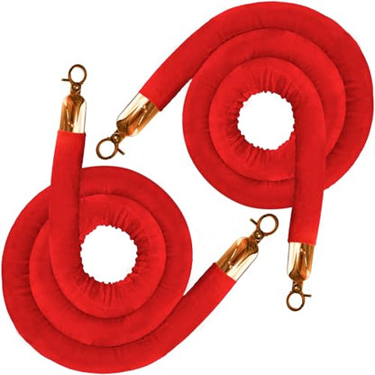 2PCS Red Velvet Stanchion Rope 5 Ft Crowd Control Ropes Barrier with Gold Hooks for Party - color: Red&Gold, size: 2PCS