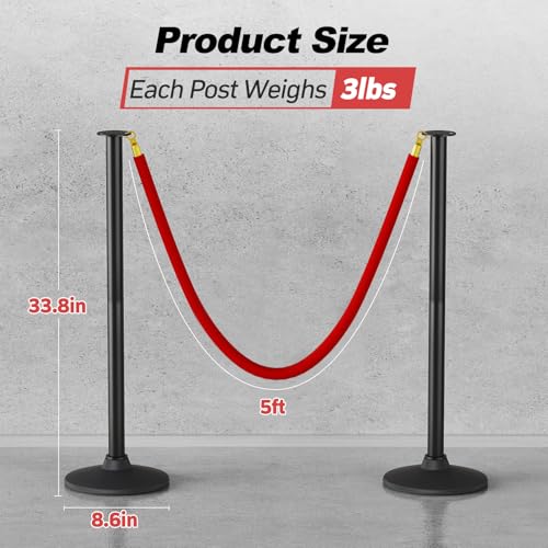 BATTIFE 2 Pack Plastic Stanchion Posts, Red Velvet Rope, Crowd Control | Rubber-plastic bases with 5-ft velvet ropes; stanchion stands for events, theaters, red carpets, parties, and queue lines. - color: Red, size: 33.8inch