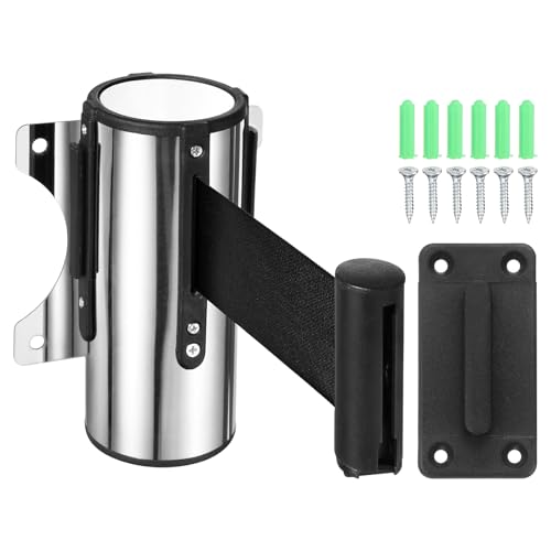 PATIKIL 16.4 Foot Fixed Wall Mount Retractable Belt Barrier Set Metal Safety Belt Barrier Rope with Braking System Locking Button for Crowd Control, Black/White - color: Black / White, size: 16.4 Foot