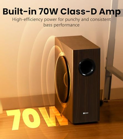 Edifier T5s Powered Subwoofer, 70W RMS, 8" Woofer, 35Hz Deep Bass, Brown | Active Long-Throw Speaker, Built-in Amp, Low Distortion, Phase Selector & Energy-Efficient for Home & Studio Audio - color: Brown