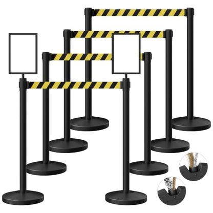 8-Pack Black Stainless Steel Crowd Control Stanchions, 9.8 ft Retractable Black and Yellow Stripe Safety Belts with 2 Sign Holders(Black and Yellow Stripe Belt) - color: Black stanchions w Black and Yellow Stripe Belt, size: 8 pcs