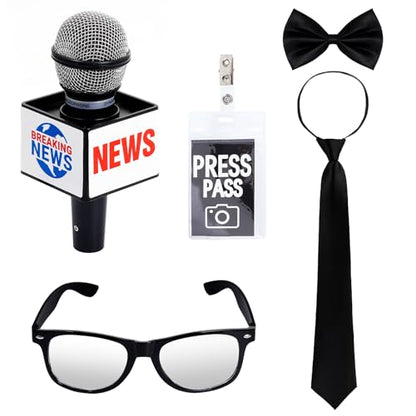 5Pcs News Reporter Costume Accessories, Fake News Microphone Prop Press Pass Glasses Tie Bowtie Set for Halloween Dress Up Career Day Party