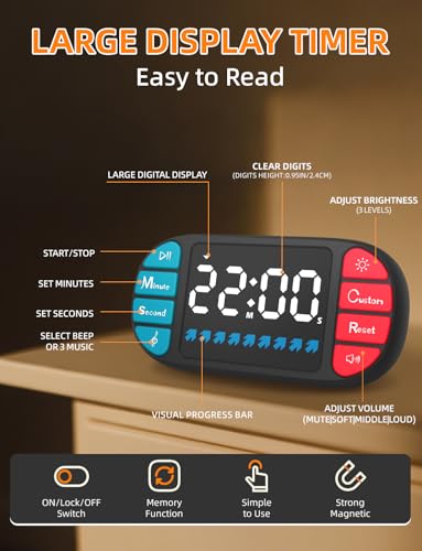 DOOMAY Magnetic Digital Kitchen Timer for Classroom Countdown | Visual Timer with 3.6" LED, 4 Sounds, 3 Brightness, Child Lock, USB-C or AAA for Home & Study - color: Black