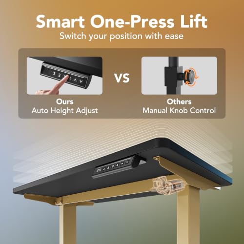 HUANUO 32" Small Electric Standing Desk Adjustable Height, 4 Memory Height Settings, Sit Stand Up Desk for Home Office & Computer Workstation, Black and Gold Frame | 176 Lbs Capacity, Rounded Corners, Wheel-Ready Feet, Compact Desktop, Apartment Workspace