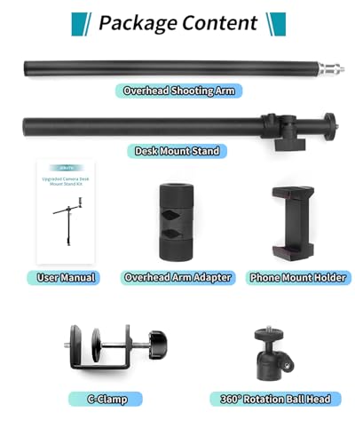 Overhead Camera Mount Desk Stand, Camera Arm Desk Mount Clamp Stand with 360°Adjustable Magic Arm, Webcam Arm Mount Stand w Ballhead Phone Mount for Desk Logitech Microphone Video Light Cell Phone - size: 1DFPGBL
