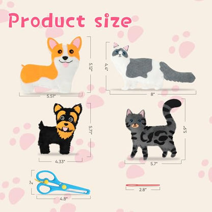 CiyvoLyeen Sewing Kit for Kid Beginner Arts & Crafts 12 Easy DIY Projects of Stuffed Sewing Set Animal Toys of Puppies & Kittens Kit Toy Gift for Girl Boys Learn to Sew Ages 6 7 8 9 10 11 12